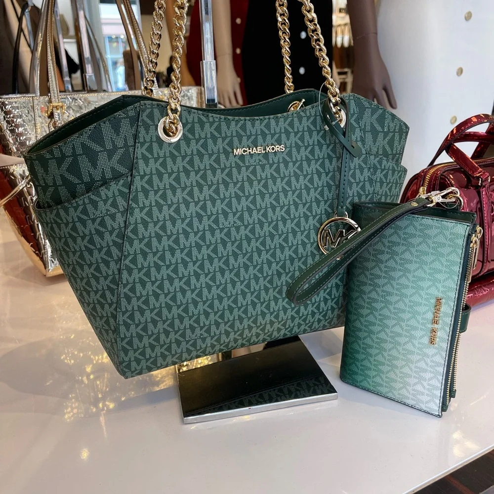 MICHAEL KORS JST Lg Chain Shoulder Tote & Double Zip Wristlet Wallet 
Moss 
NWT - Picture 6 of 16